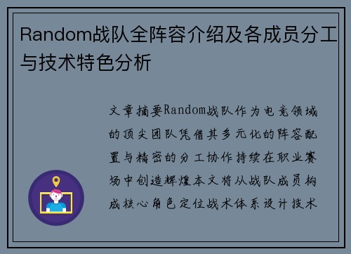 Random战队全阵容介绍及各成员分工与技术特色分析