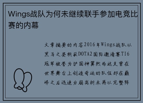 Wings战队为何未继续联手参加电竞比赛的内幕