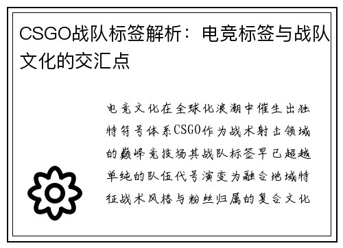 CSGO战队标签解析：电竞标签与战队文化的交汇点